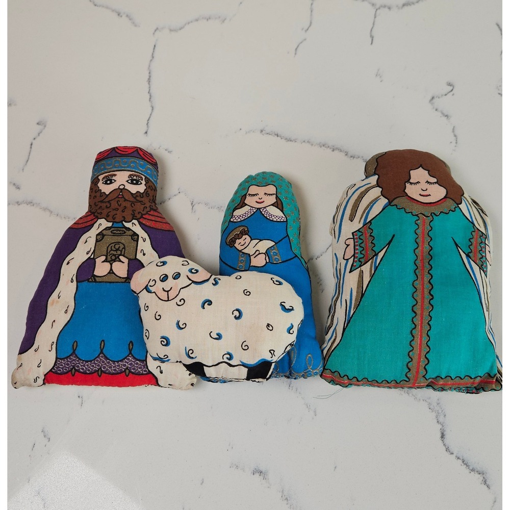 VTG Fabric Nativity Set Angel Wise Man Mary Baby Sheep Plush Dolls Christmas